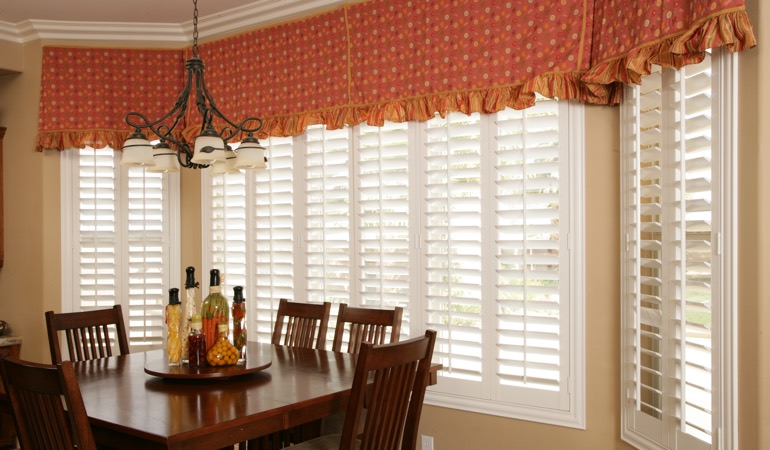 White shutters in New Brunswick dining room.